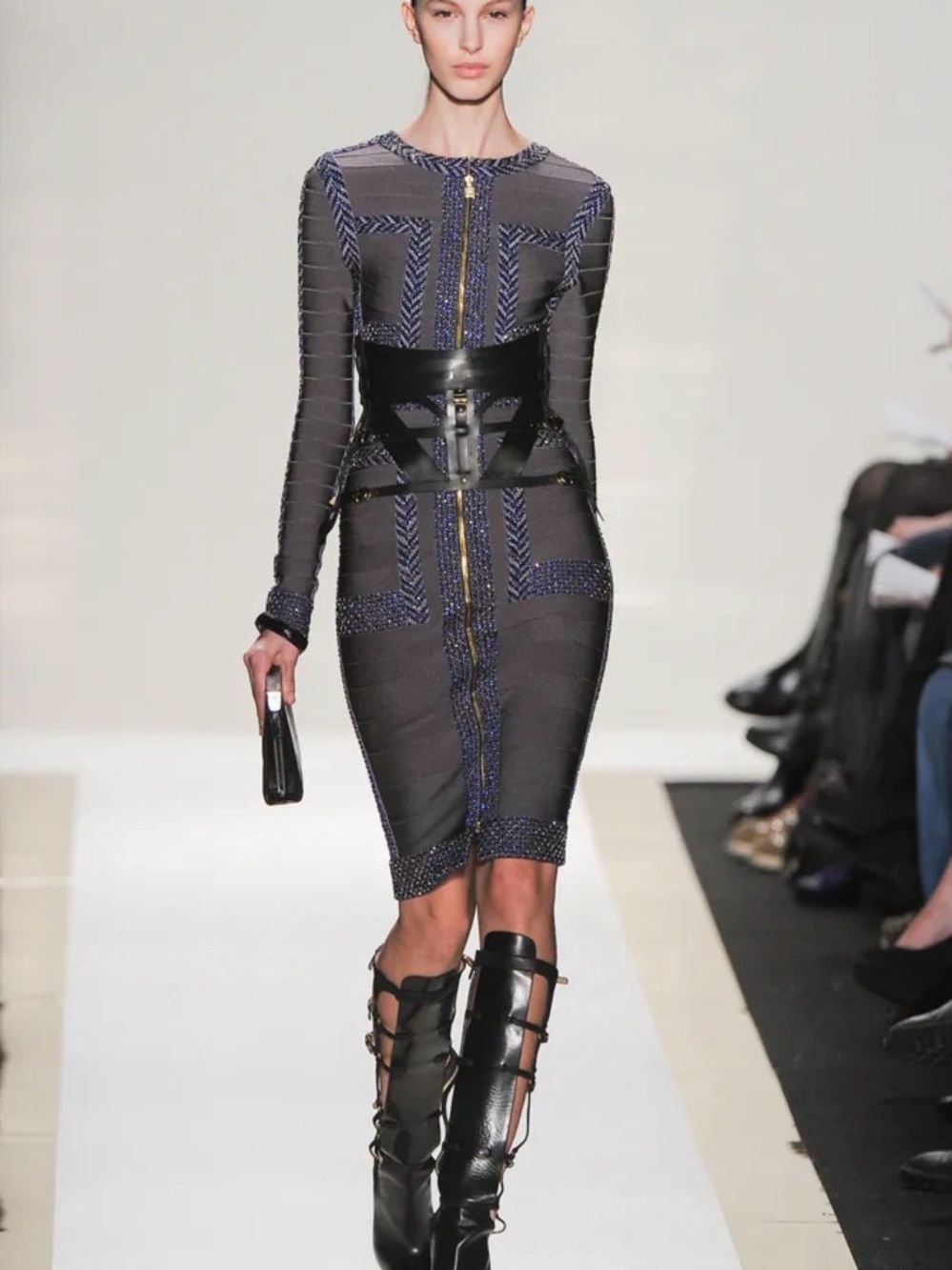Herve Leger Black and Navy Long Sleeve Bandage Dress
